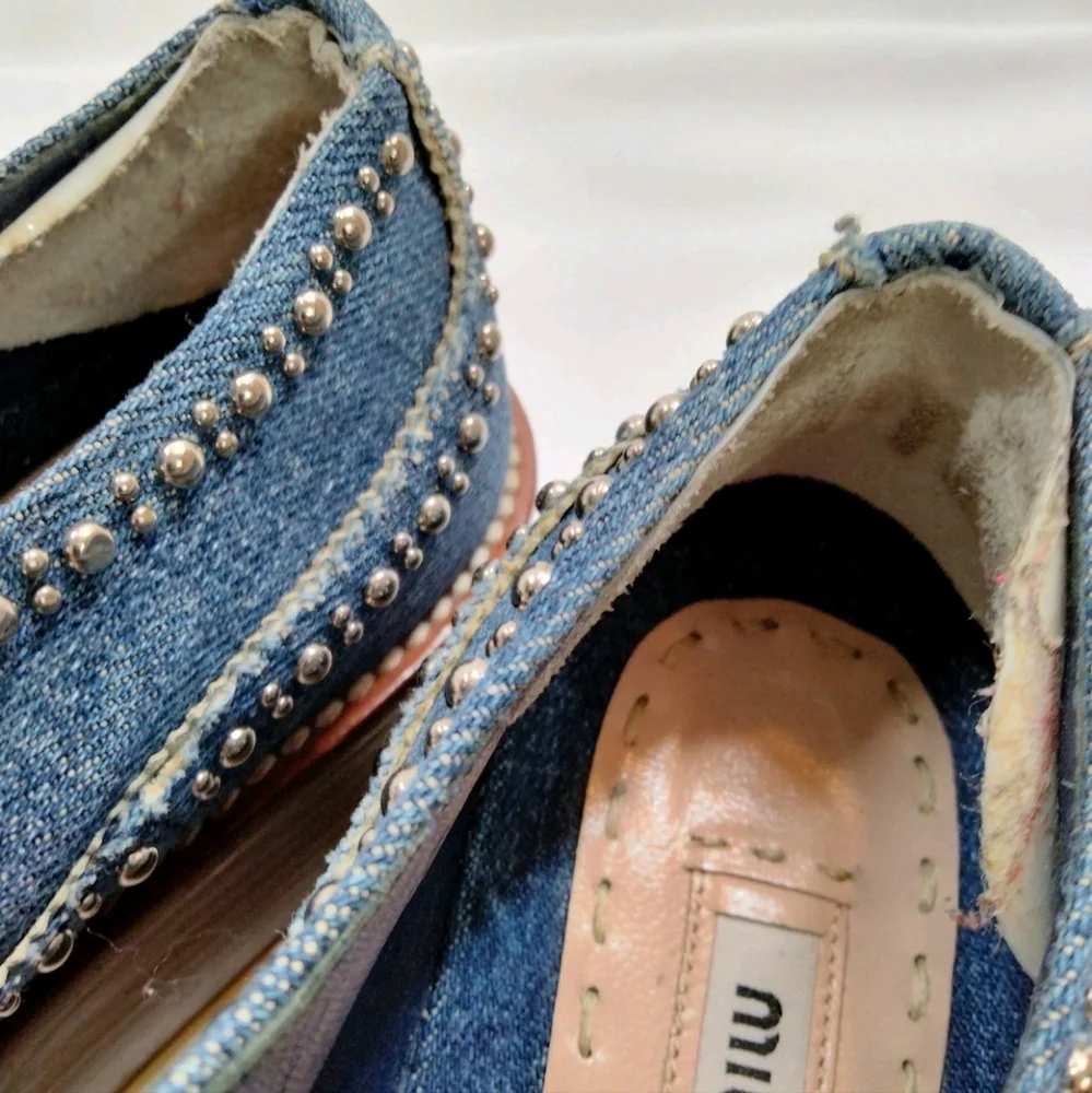 Miu Miu Denim Platform Studded Wingtip Oxfords Sneakers - Picture 7 of 8